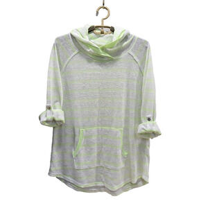 EARTH YOGA Women's Sz Small Burn Out Green Stripe Roll Tab Sleeve Pocket Hoodie
